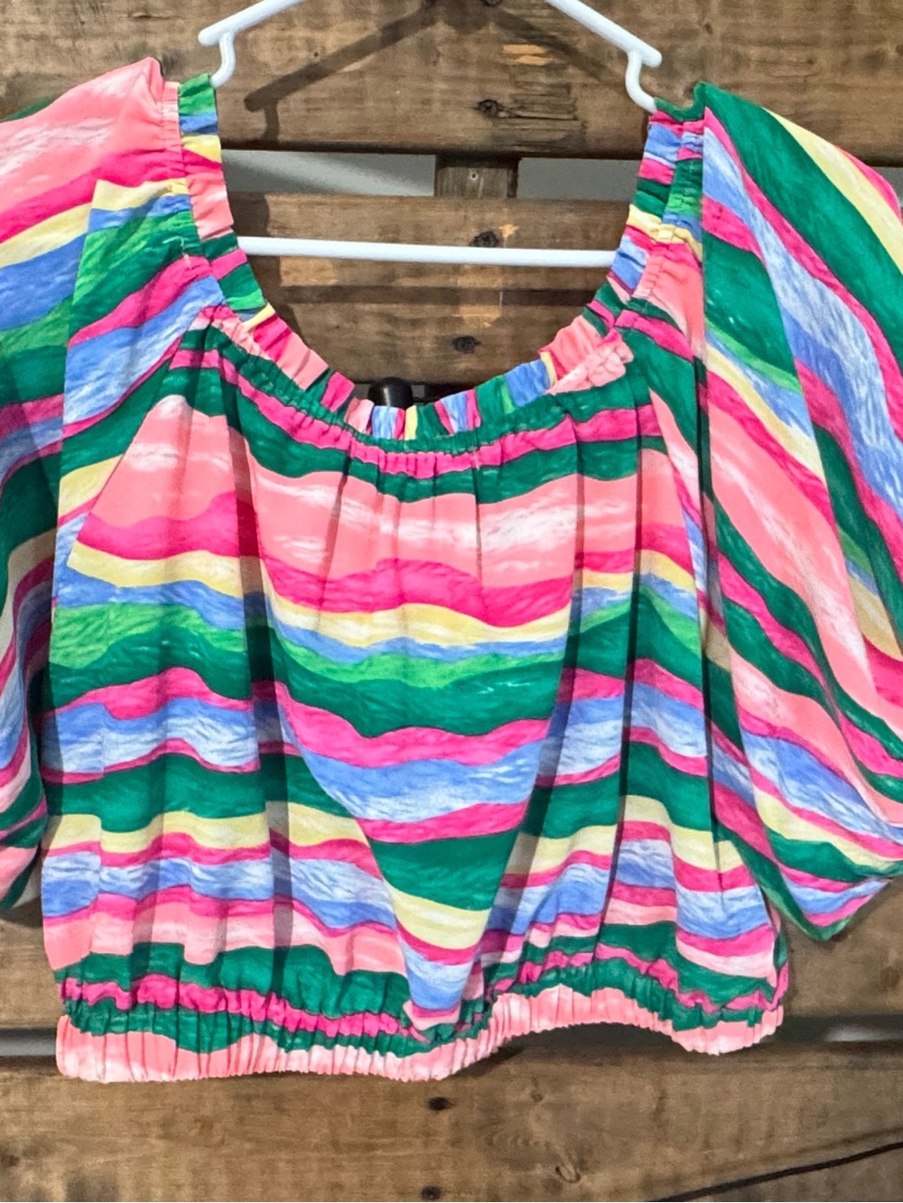 Joy Joy Rainbow Stripe Puff Sleeve Crop Top Medium